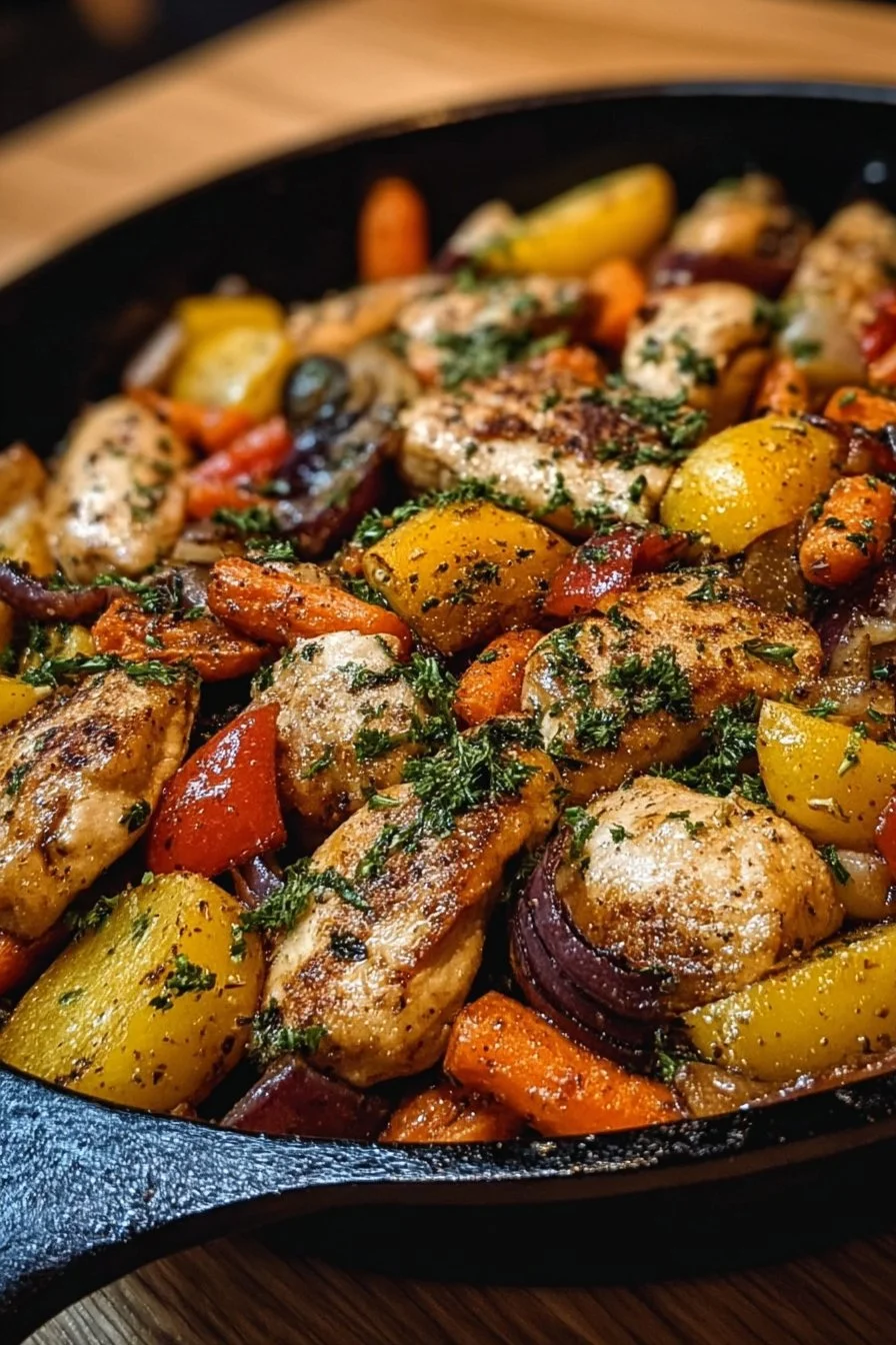 Healthy chicken and vegetables skillet dish served in a pan