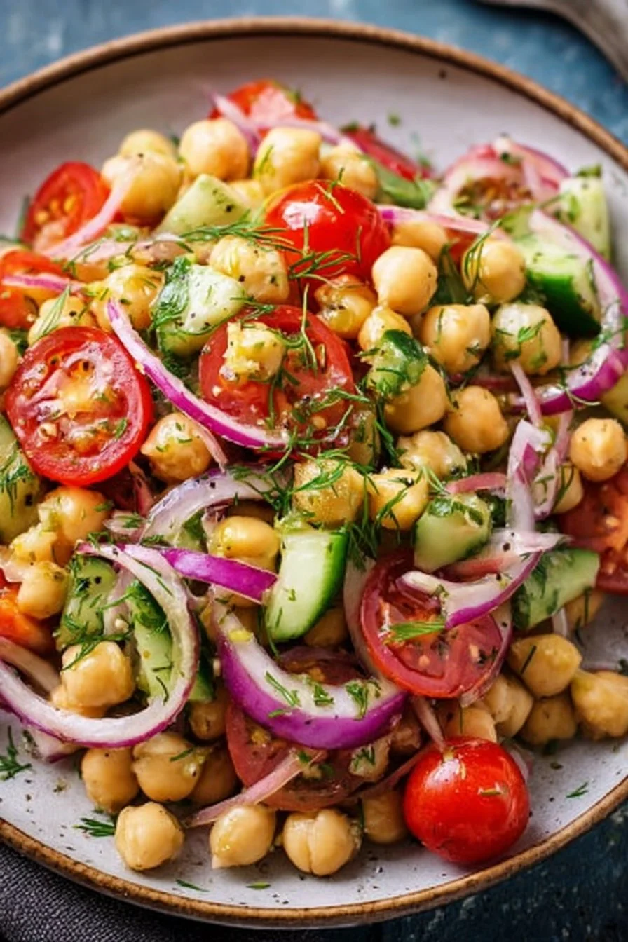 Healthy chickpea salad with fresh vegetables and dressing