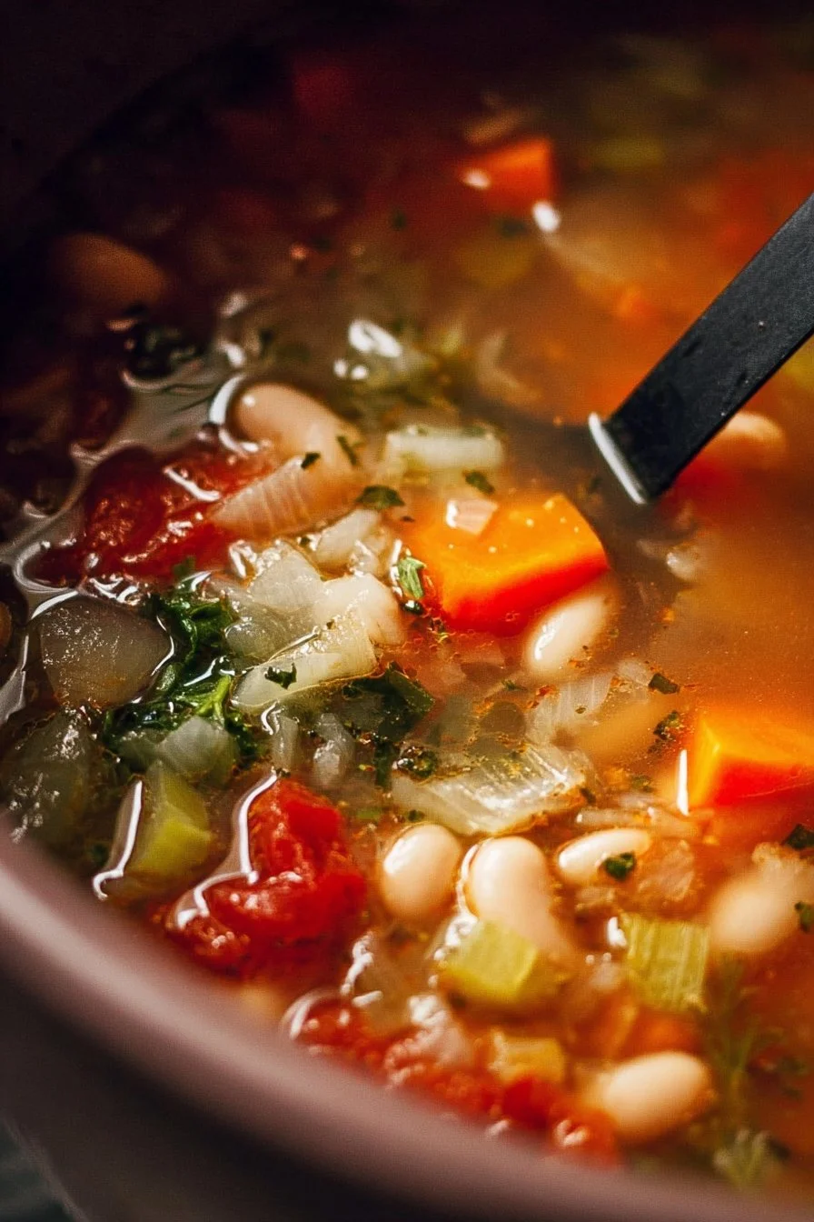 Bowl of hearty vegetable bean soup filled with fresh vegetables and beans