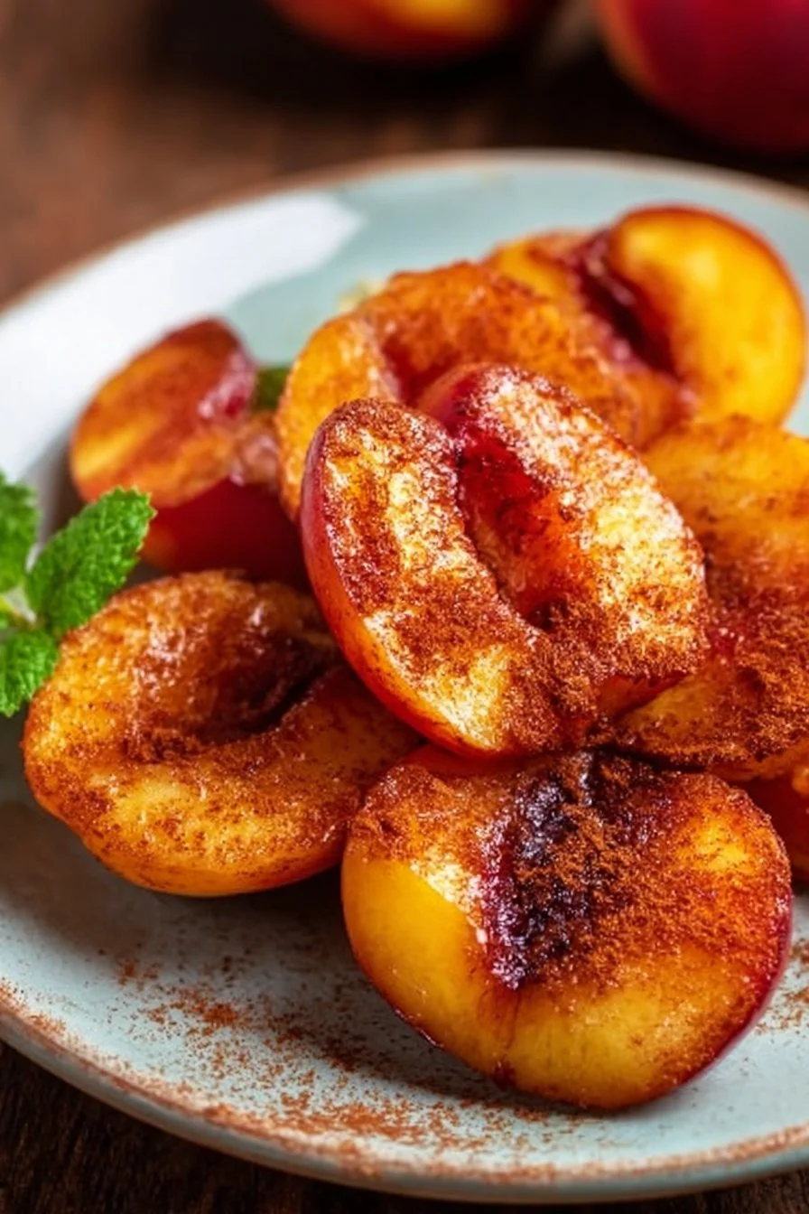 Freshly made air fryer peaches with cinnamon served in a bowl