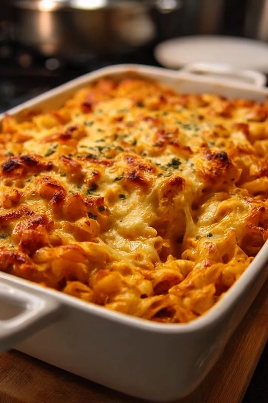 Irresistible Cheesy Buffalo Chicken Pasta Bake
