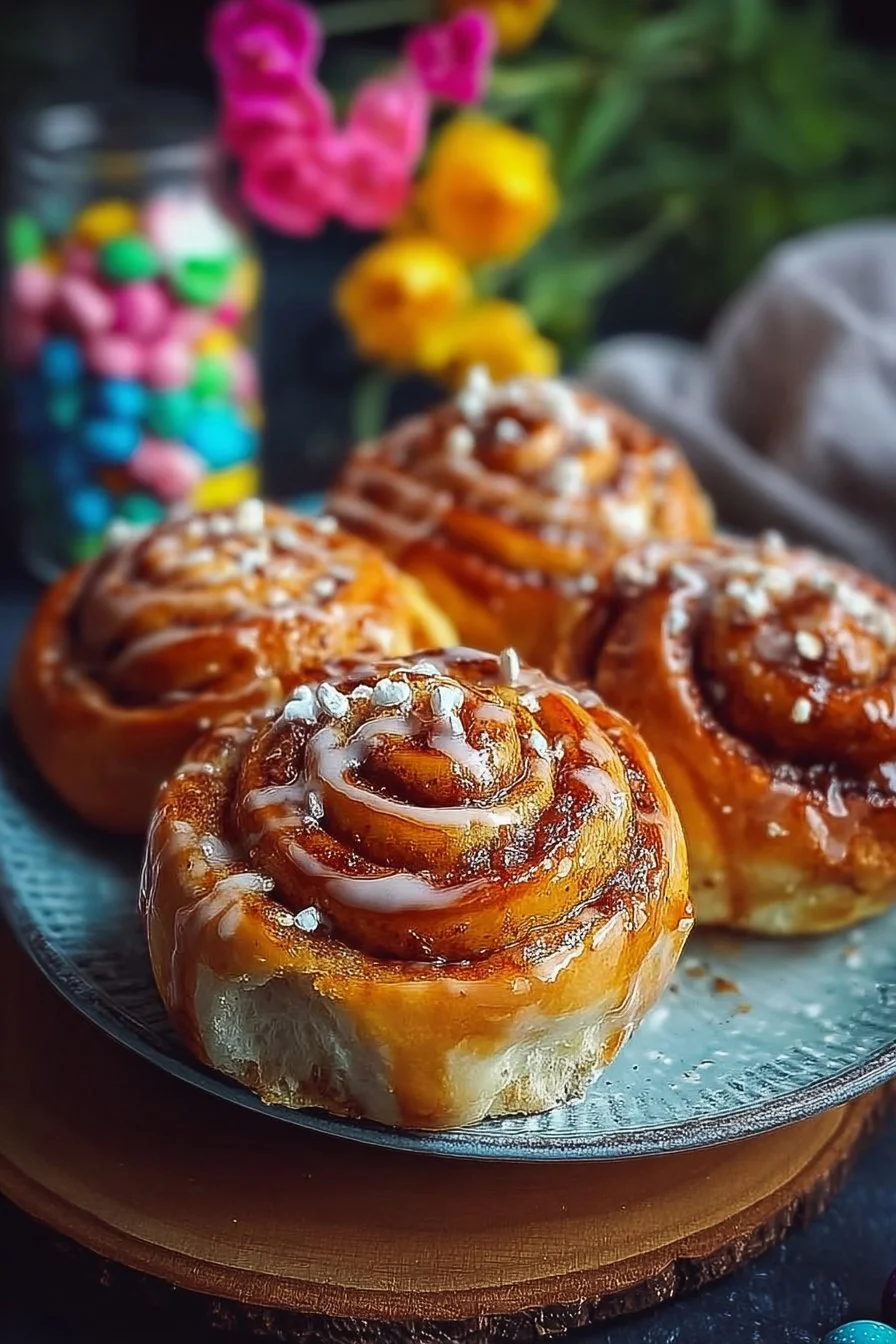 Delicious Easter Cinnamon Rolls with icing on a festive table