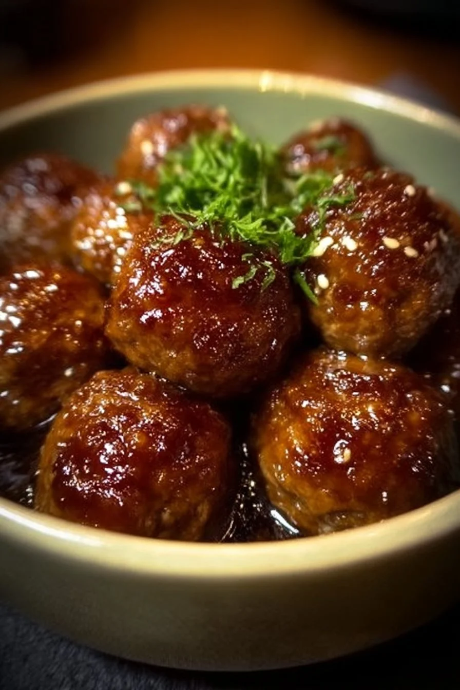 Plate of homemade honey garlic meatballs garnished with sesame seeds and green onions.