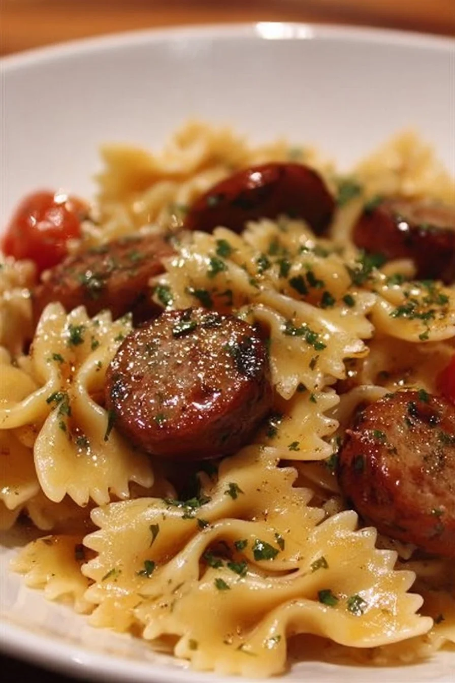 Italian sausage mixed with bow tie pasta in a flavorful dish