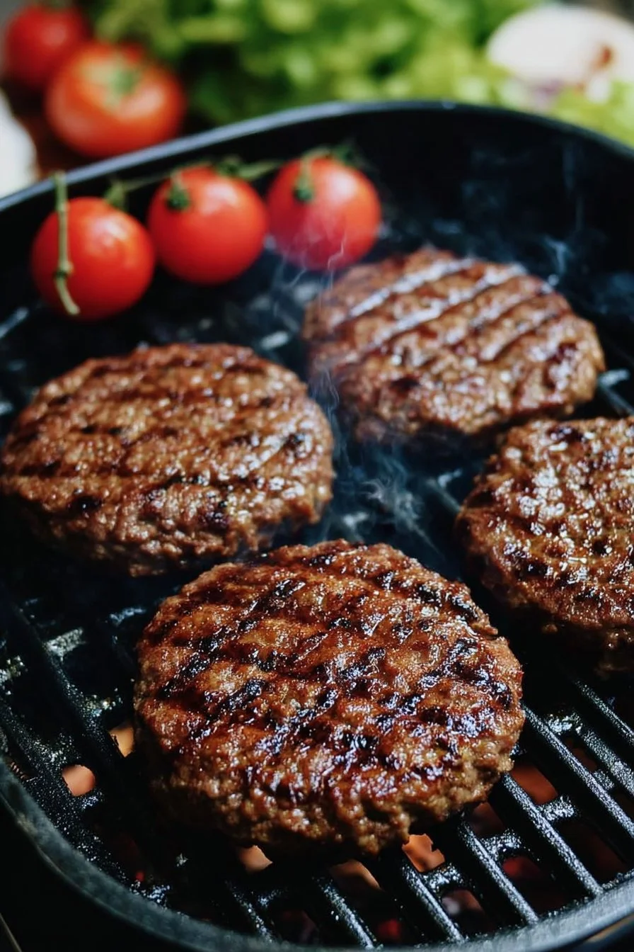 Juicy grilled burgers on a barbecue grill ready to be served.
