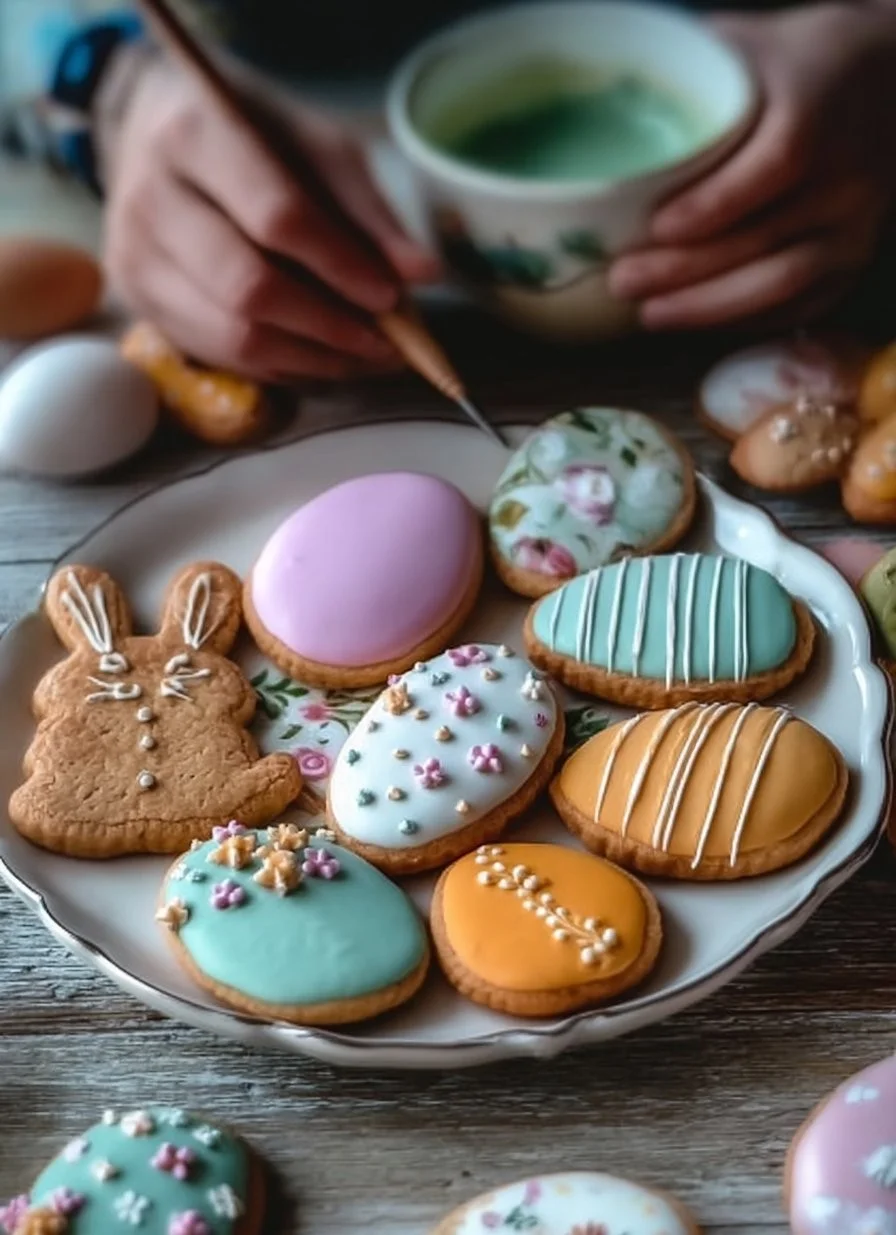 Decorated Easter cookies with vibrant icing and designs for a festive celebration.