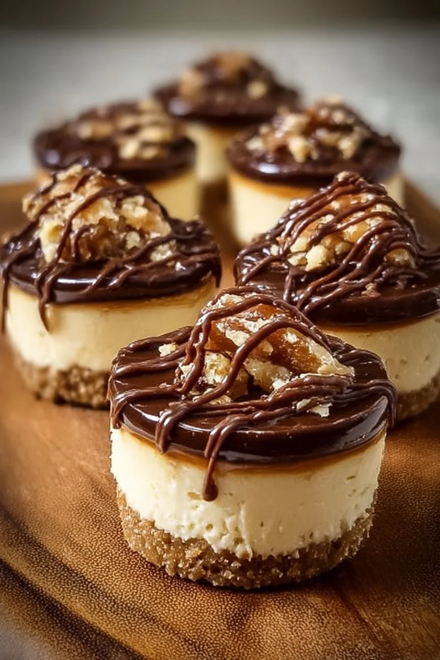 Delicious mini turtle cheesecakes topped with chocolate, caramel, and pecans.