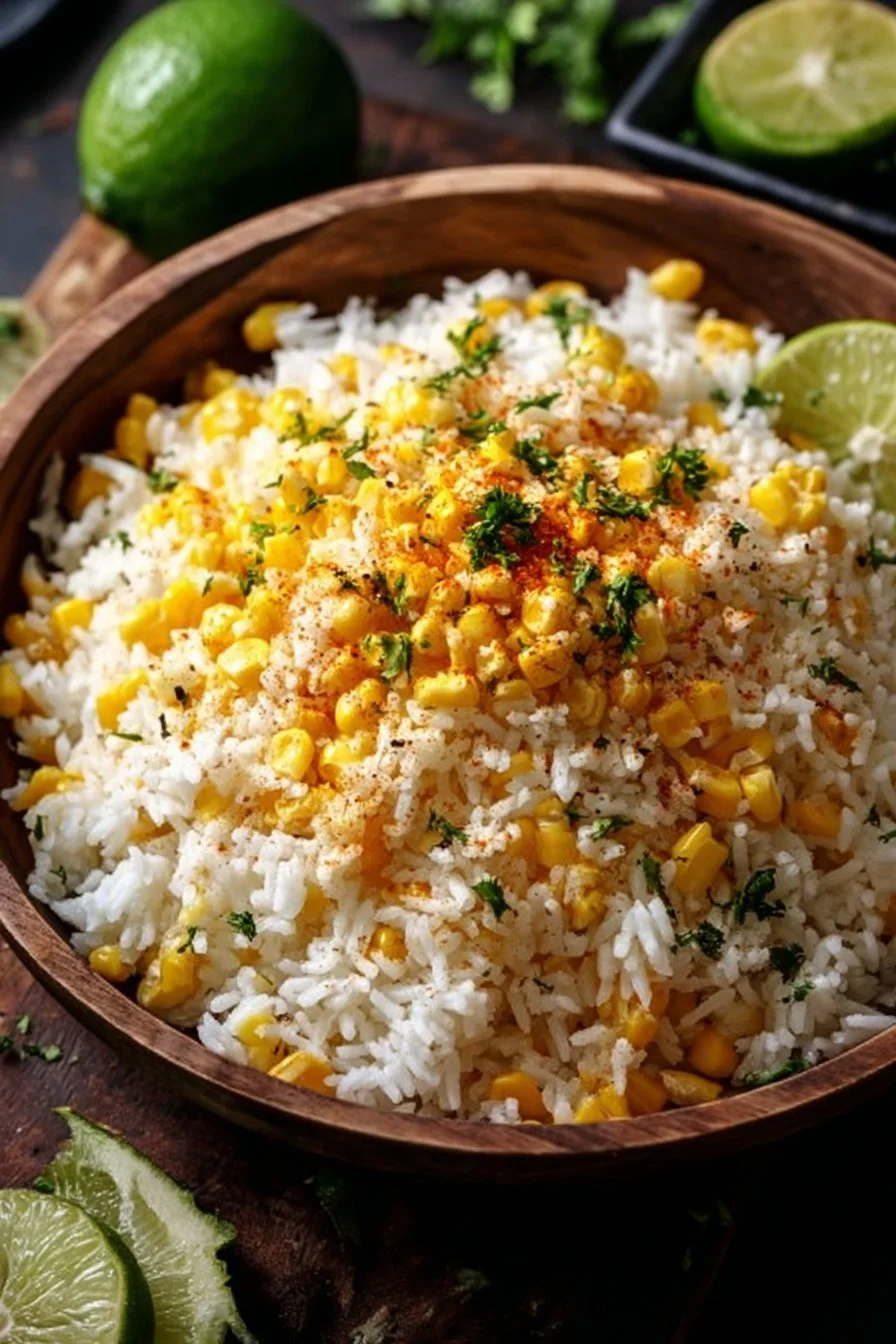 One-pan cheesy Mexican street corn with white rice in a skillet