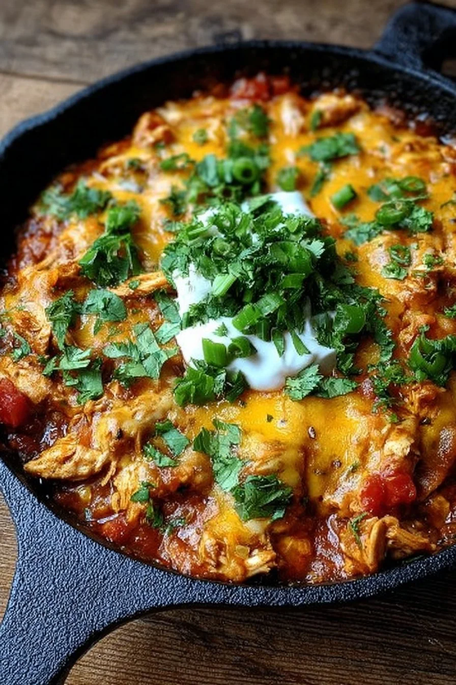One pot keto low carb chicken enchilada skillet with melted cheese and garnishes