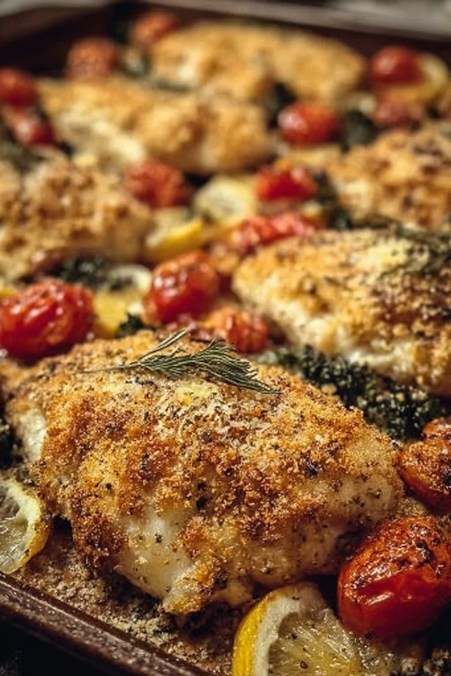 Delicious Parmesan Crusted Chicken on a sheet pan, ready to serve.