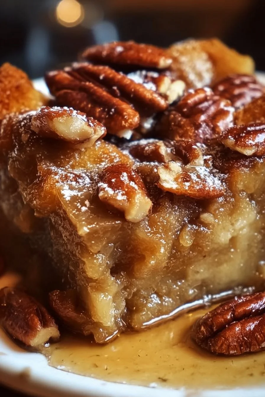 Delicious serving of pecan pie bread pudding topped with whipped cream