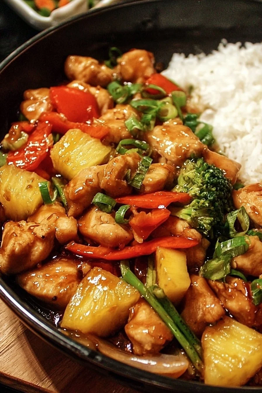 Delicious pineapple chicken stir-fry with colorful vegetables in a pan
