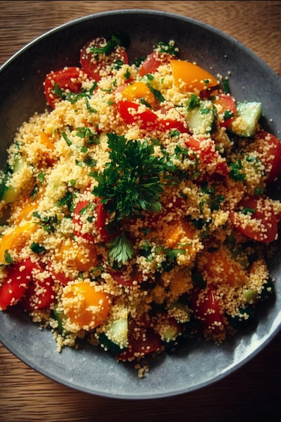 Quick Couscous Salad with fresh vegetables and herbs in a bowl