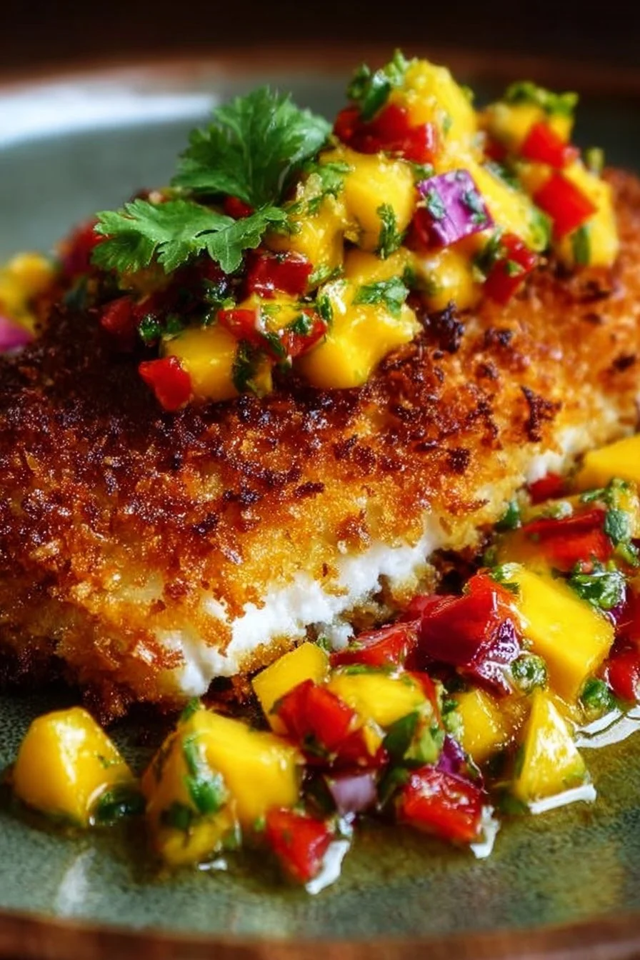 Delicious coconut crusted fish served with vibrant mango salsa