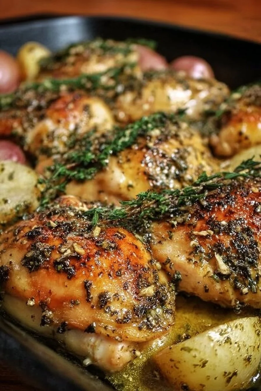 Sheet pan garlic butter chicken served with vegetables on a baking tray.