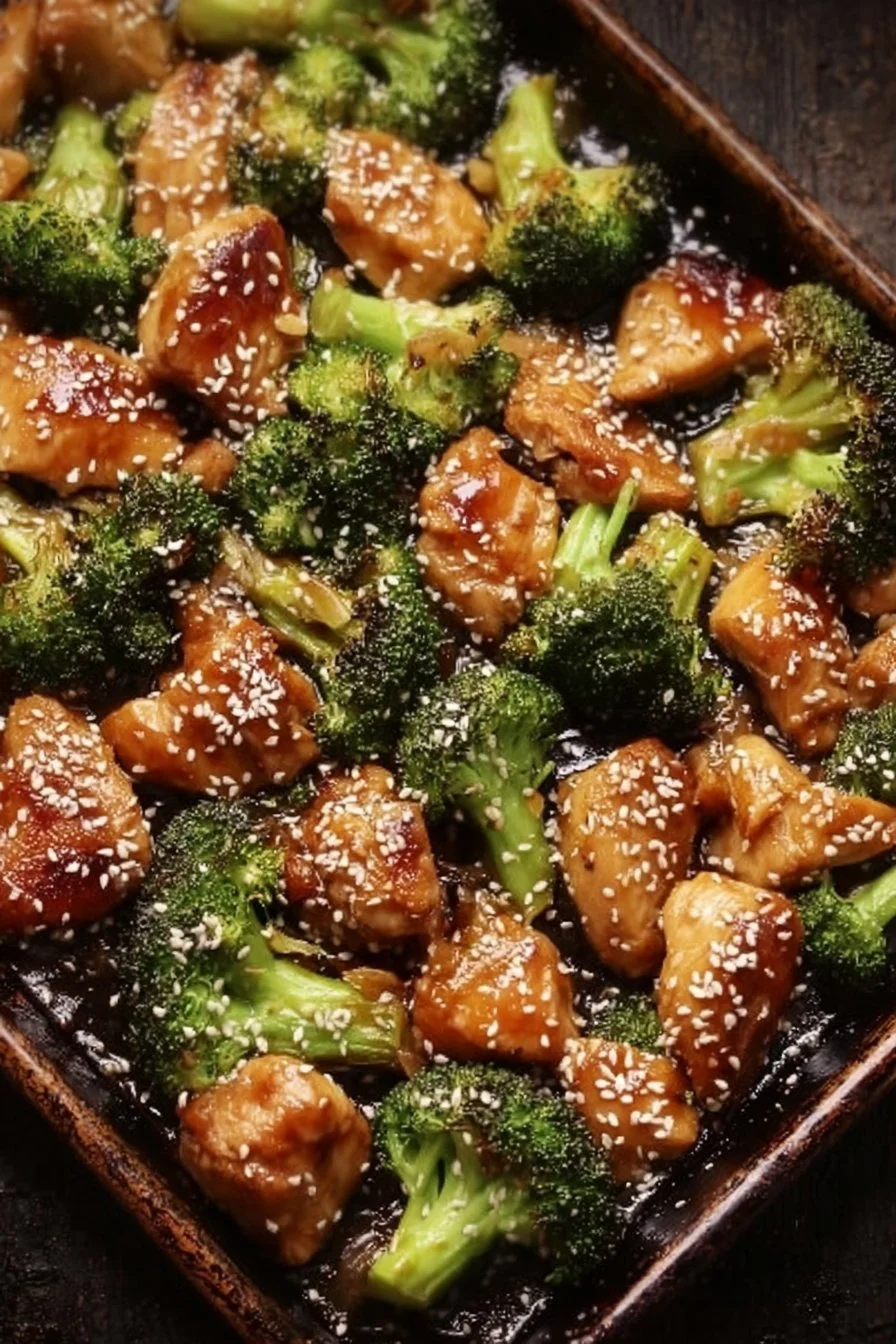 Sheet pan teriyaki chicken with ginger and sesame served with broccoli.