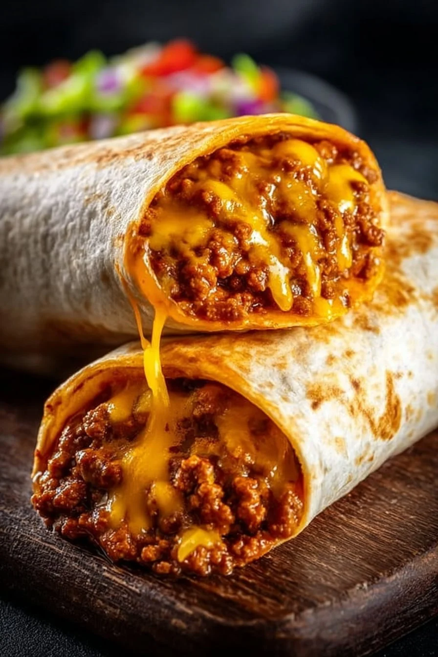 Delicious Taco Bell-inspired Chili Cheese Burrito with cheese and chili sauce