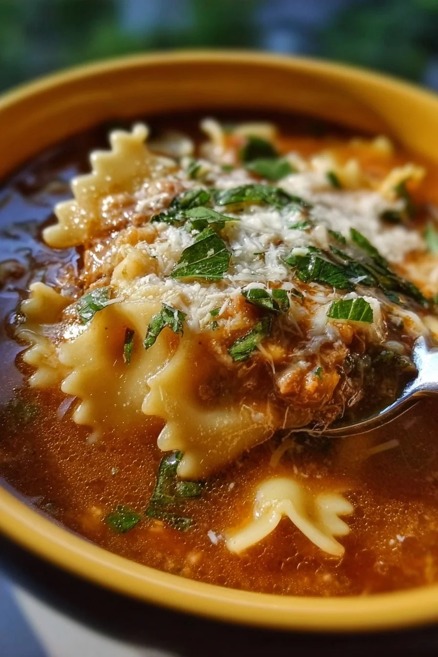 Delicious slow cooker lasagna soup in a bowl with cheese and herbs