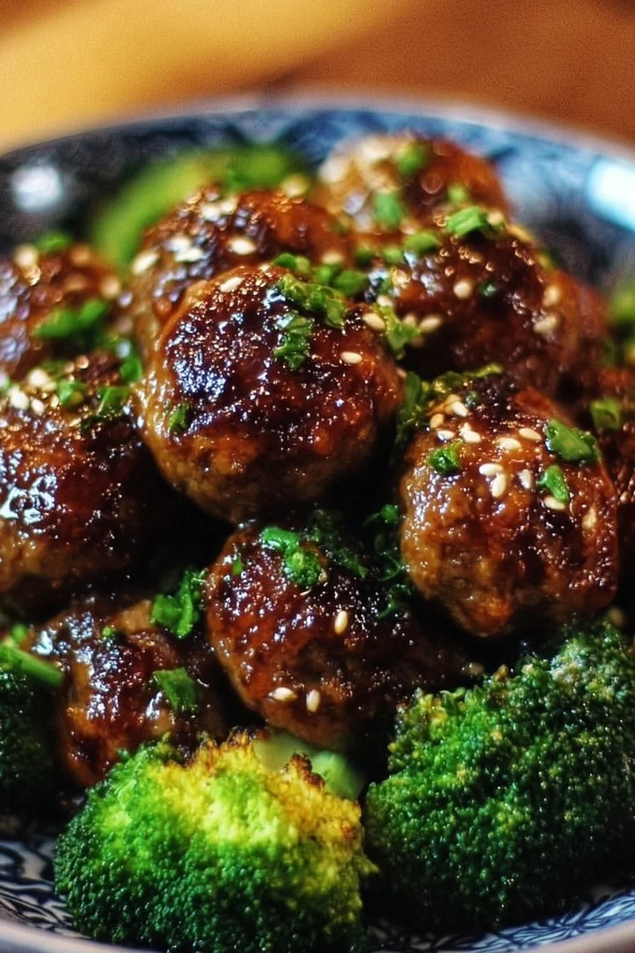 Delicious Sticky Mongolian Meatballs served with broccoli on a plate