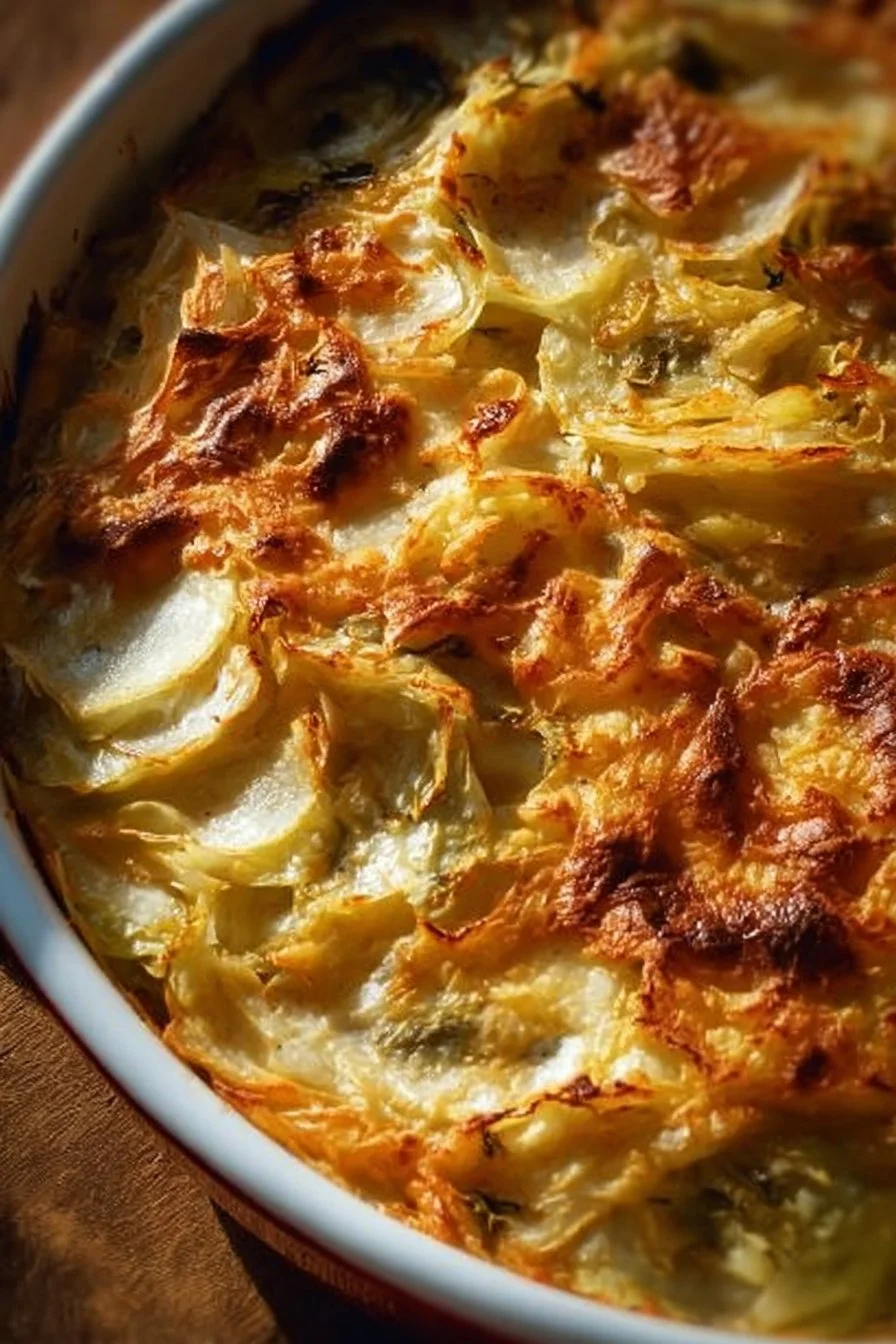 Super Simple Cabbage Casserole served in a dish with fresh herbs on top