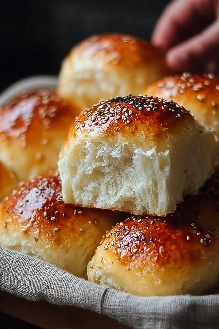 Fluffy homemade dinner rolls fresh out of the oven.