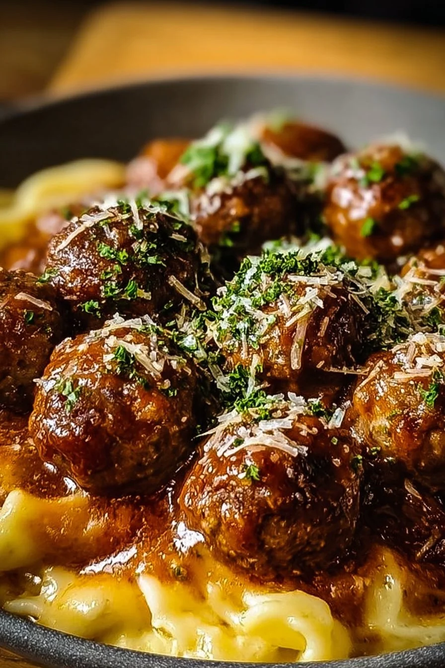 Plate of ultimate smothered meatballs served with rich gravy and herbs.