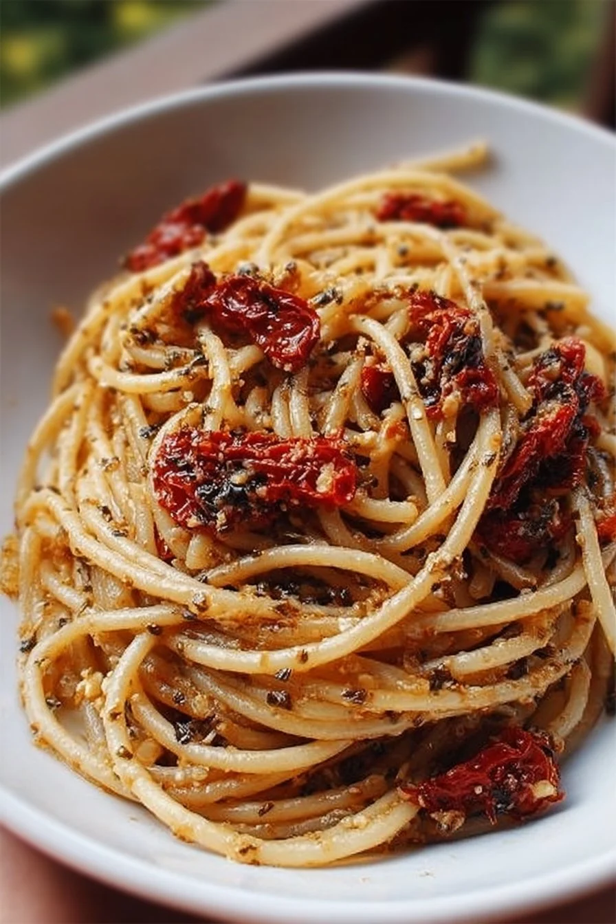 Bowl of vegan sun-dried tomato pasta with fresh basil and cherry tomatoes
