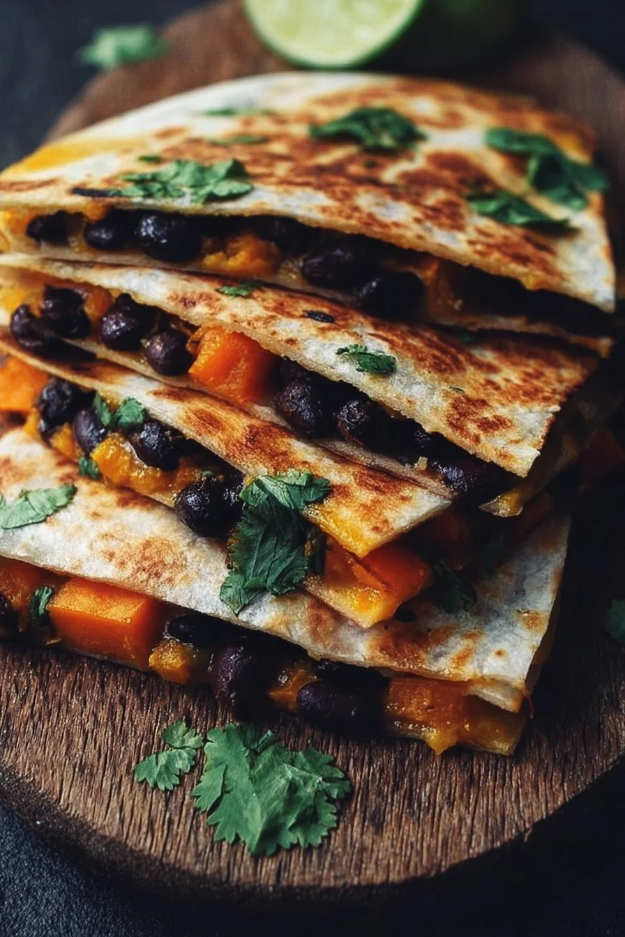 Vegetarian quesadillas with black beans and sweet potato on a plate