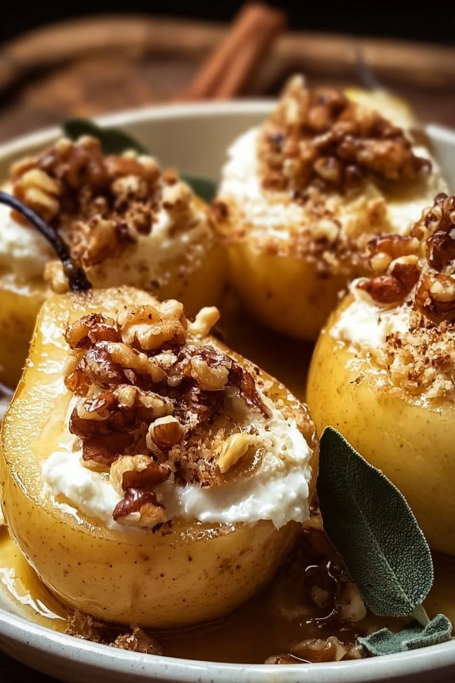 Baked Pears with Cream Cheese and Walnut Topping