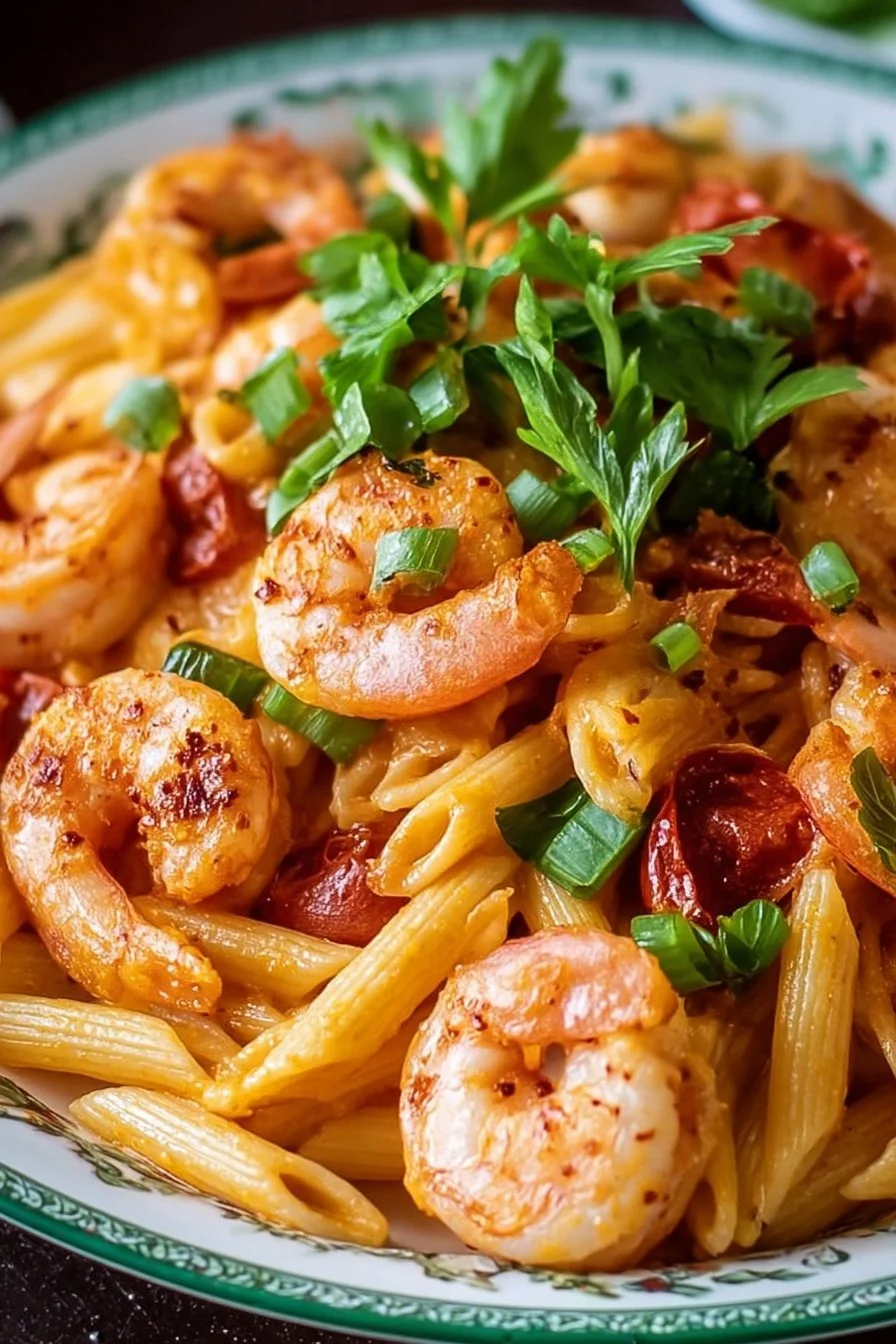 Delicious Bang Bang Shrimp Pasta topped with spicy sauce and garnished with herbs.