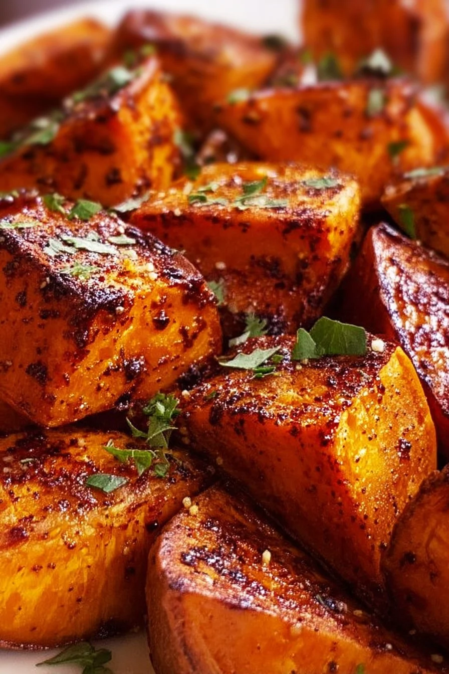 Plate of perfectly roasted sweet potatoes garnished with herbs
