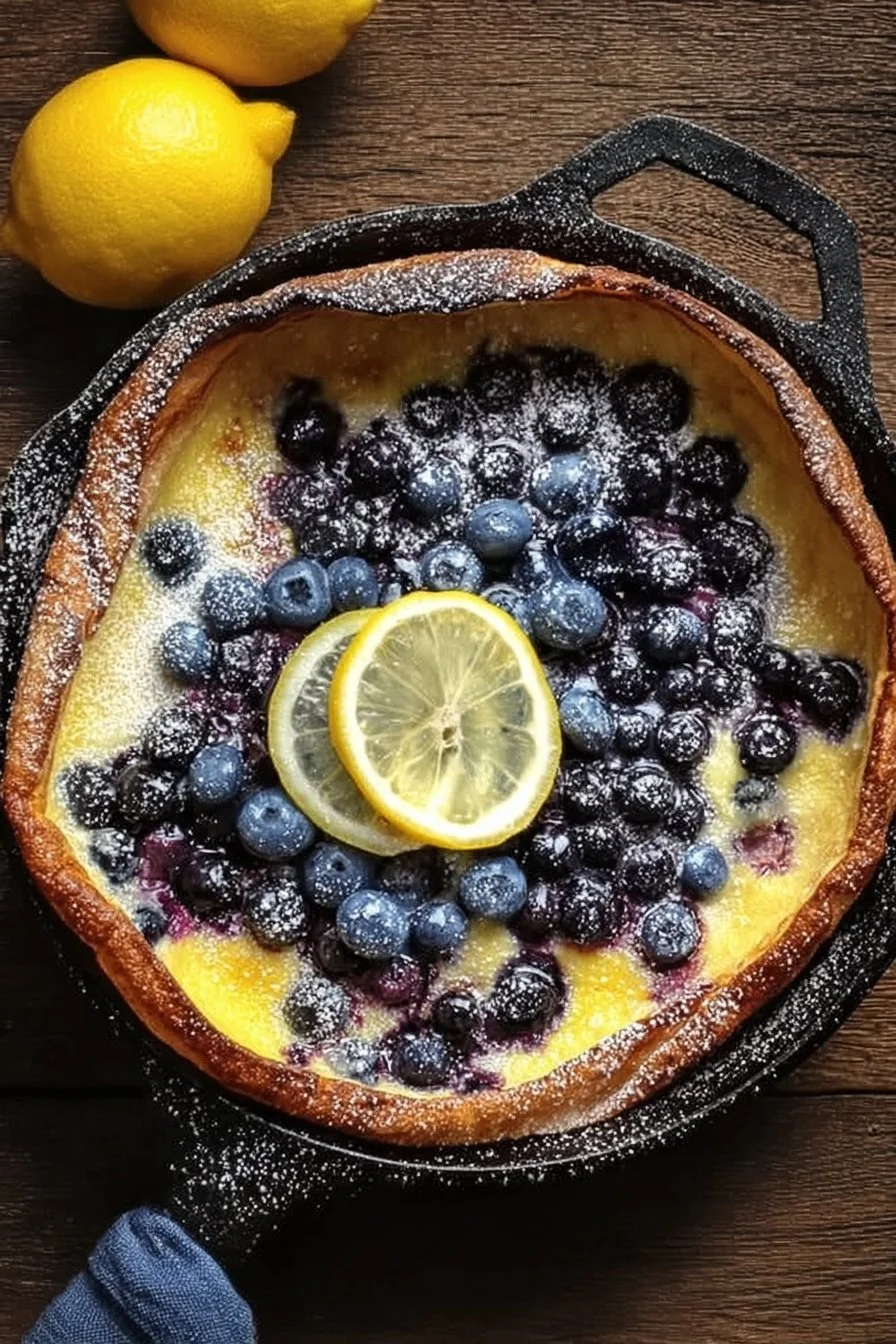Fluffy Blueberry Lemon Dutch Baby served with fresh blueberries and lemon zest