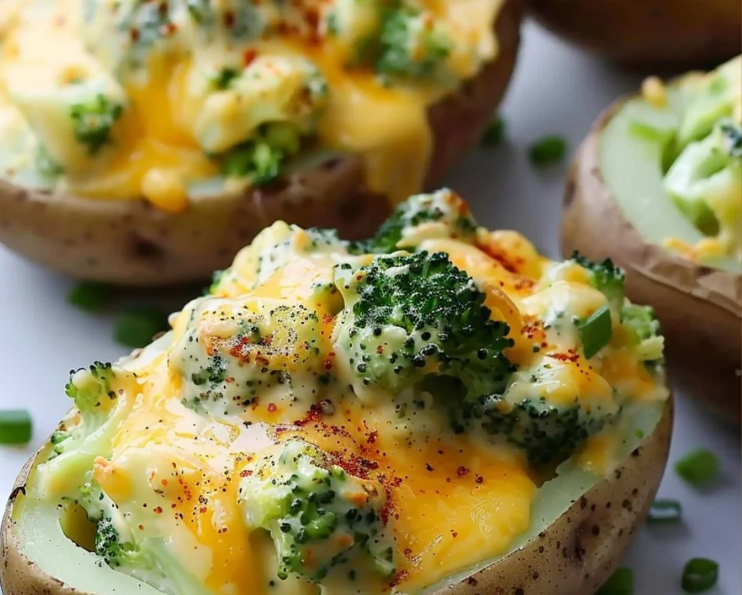 Delicious broccoli cheese baked potatoes served on a plate