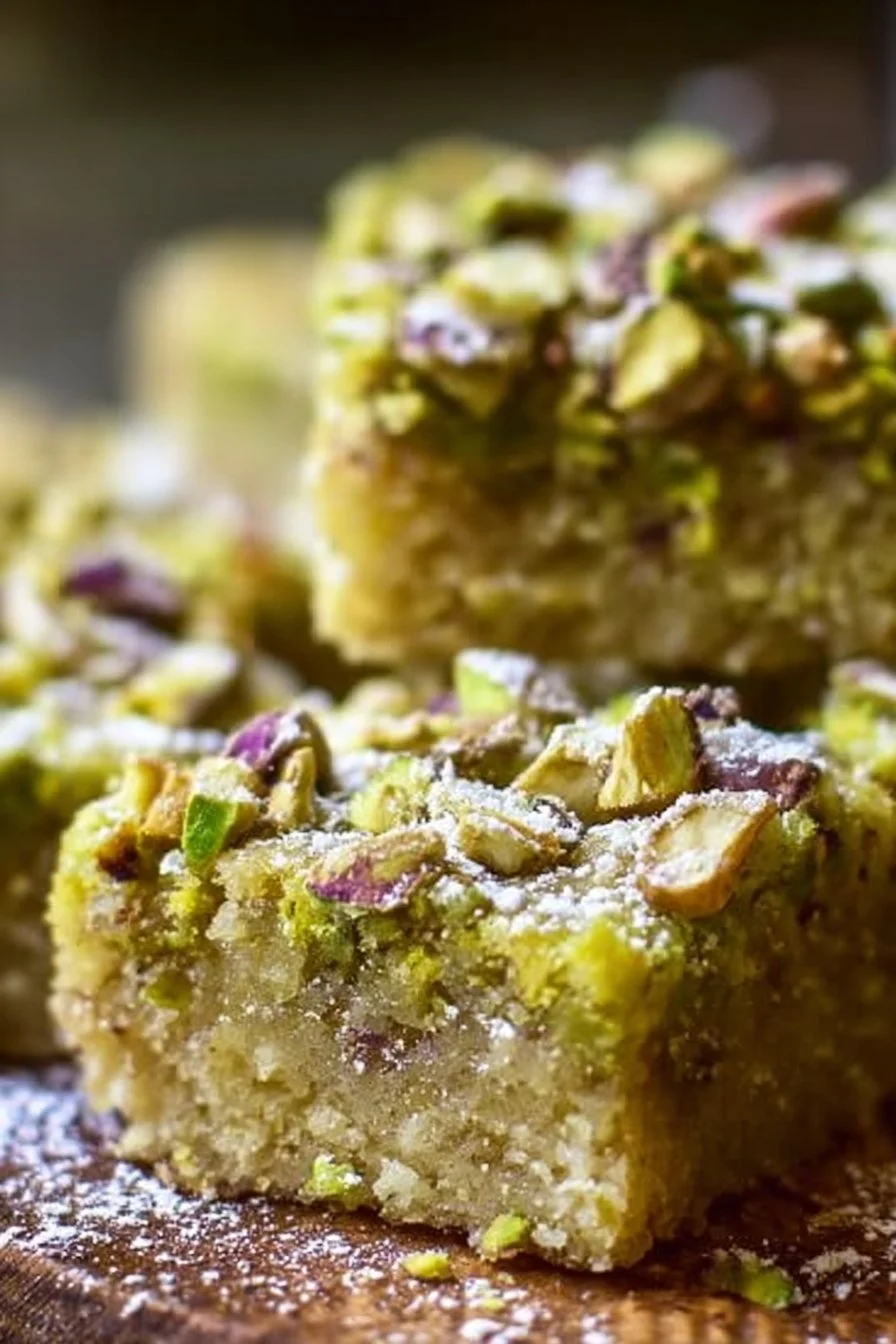 Buttery pistachio sugar cookie bars topped with chopped pistachios