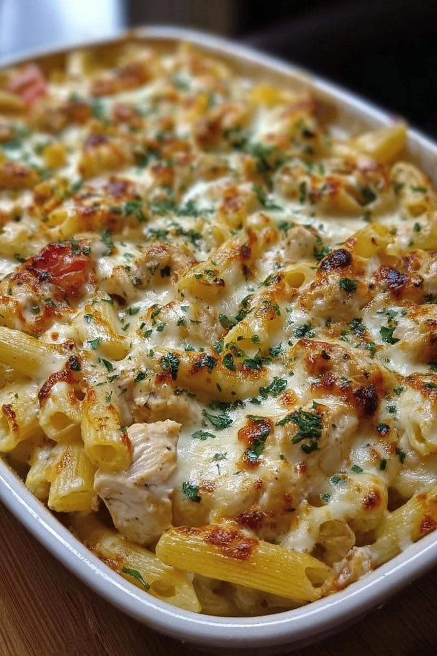 Cajun Cream Cheese Chicken Pasta Bake topped with herbs in a baking dish