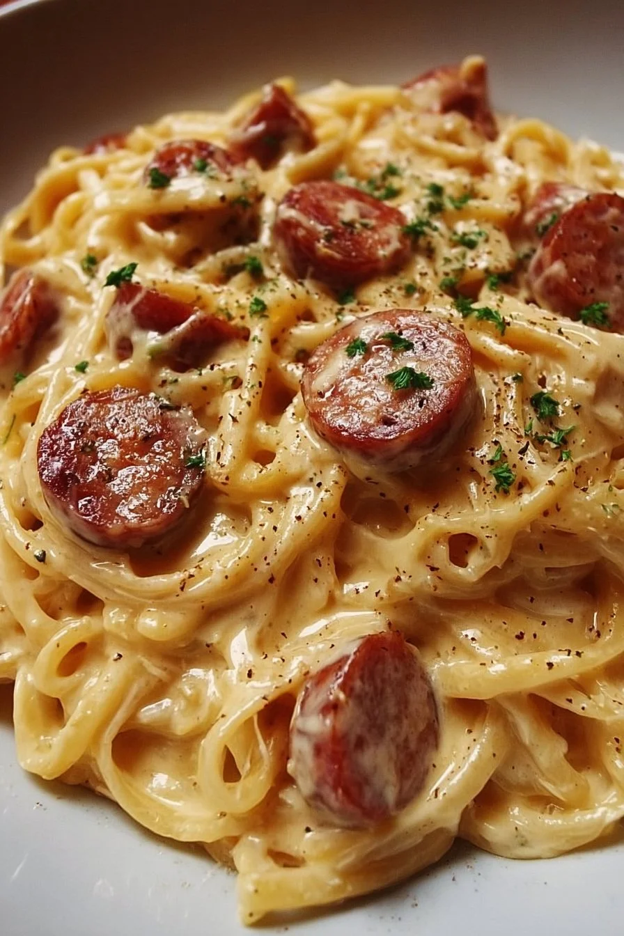 Cajun Alfredo Pasta with smoked sausage in a creamy sauce