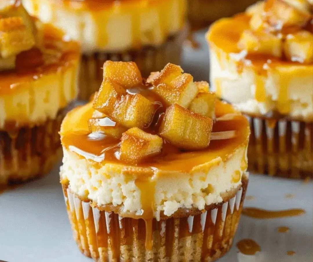 Delicious caramel apple cheesecake cups topped with caramel drizzle and apple slices.