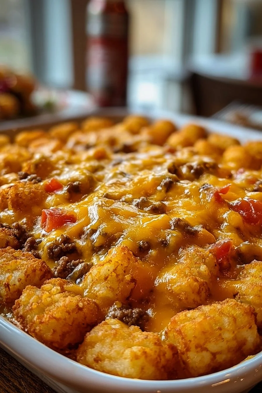 Cheesy Tater Tot Casserole with Ground Beef and Rotel served in a baking dish