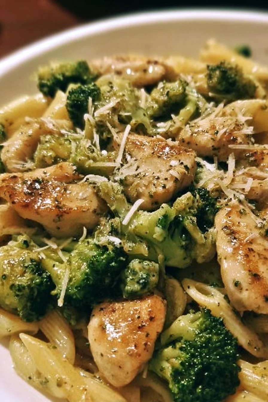 Delicious Chicken and Broccoli Pasta served in a bowl with herbs