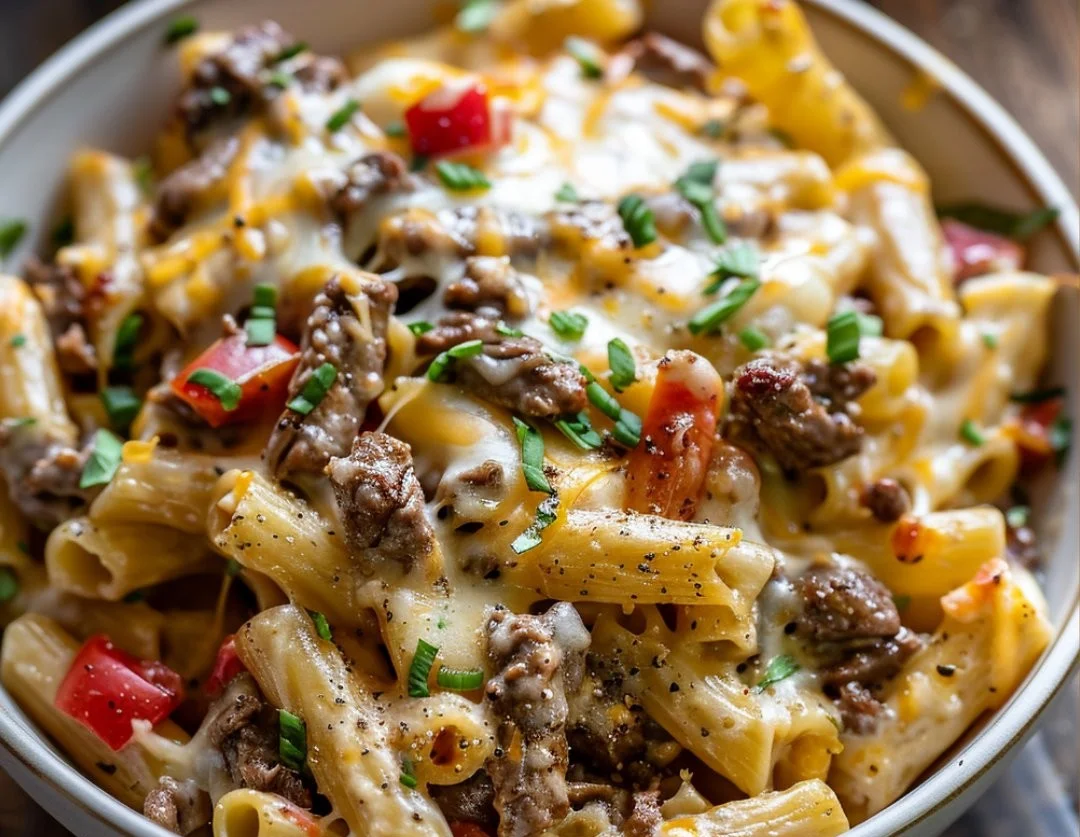 Delicious Classic Philly Cheesesteak Pasta with melted cheese and steak.
