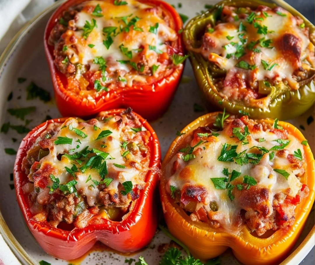 Plate of classic stuffed bell peppers filled with rice and meat