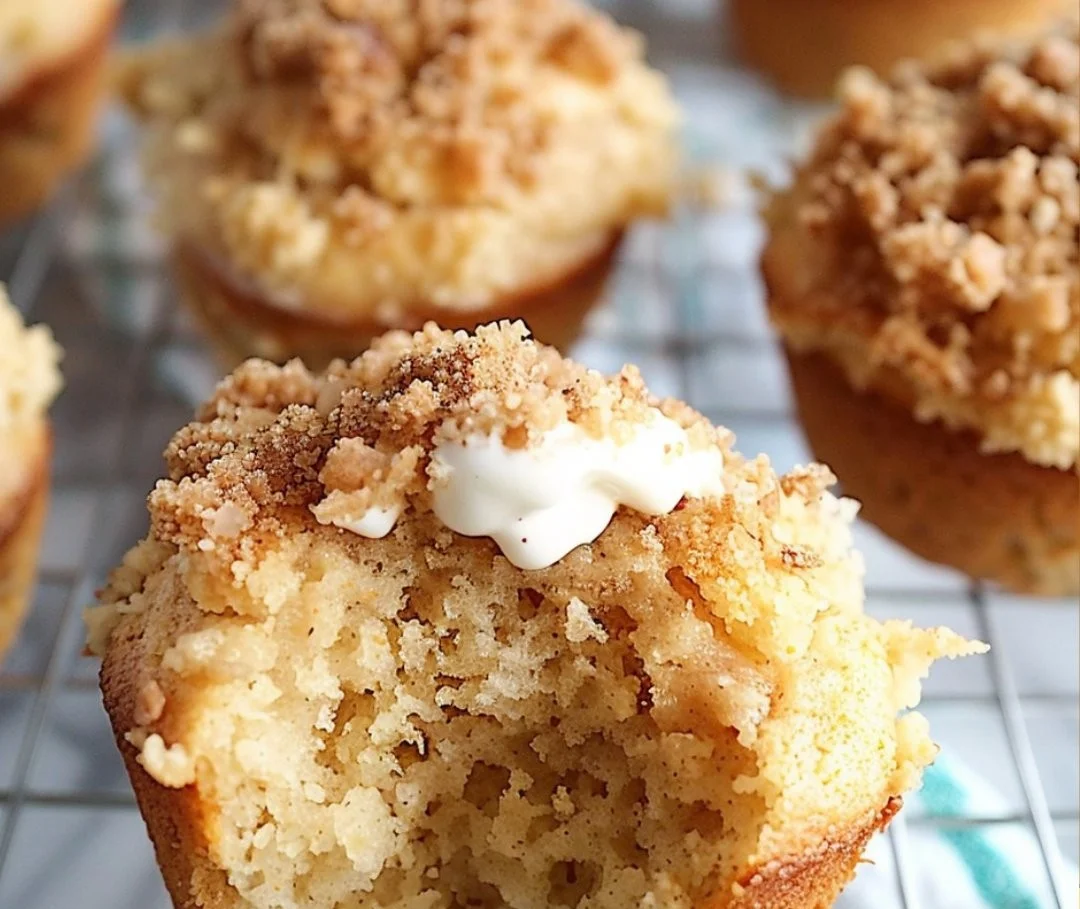 Delicious Coffee Cake Greek Yogurt Muffins on a wooden table.