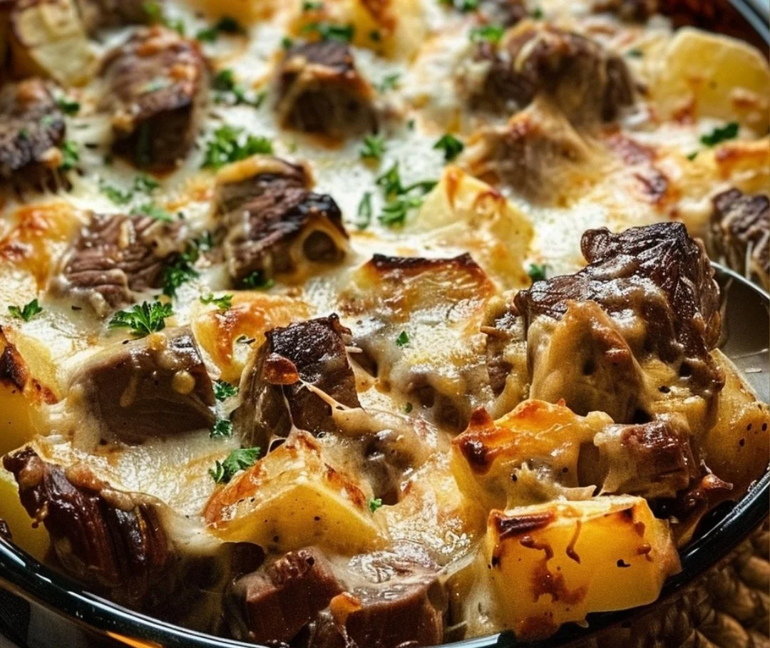 Delicious Cowboy Steak and Potato Casserole served in a rustic dish