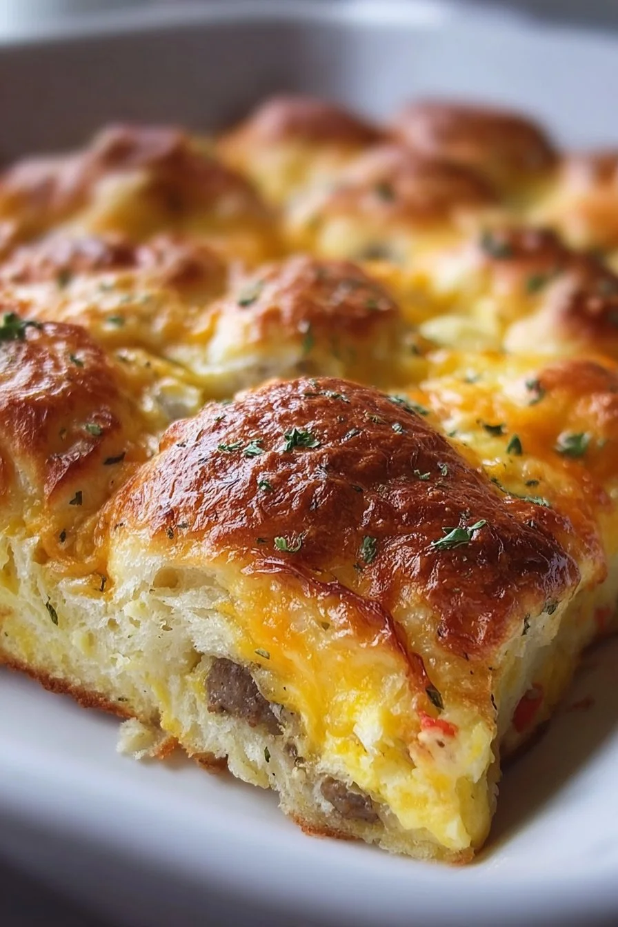 Delicious Crescent Roll Breakfast Casserole topped with cheese and fresh ingredients.