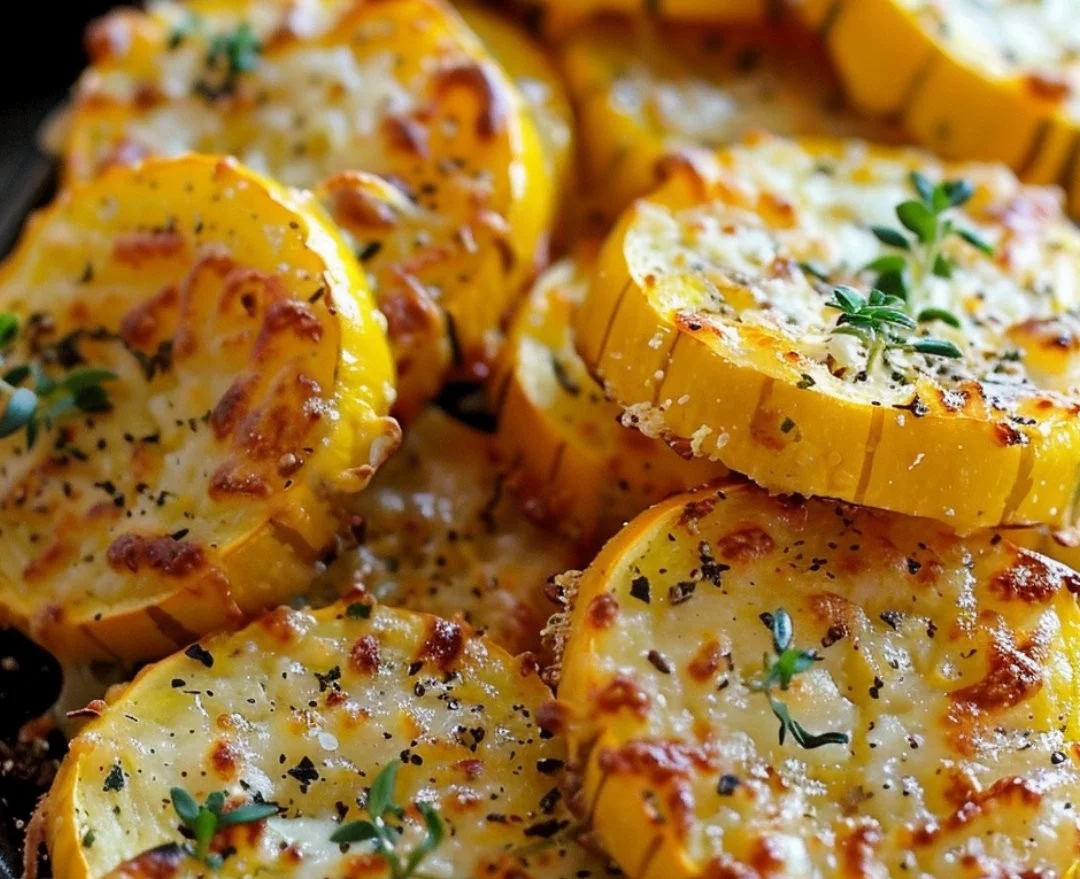 Crispy baked cheesy squash rounds on a plate