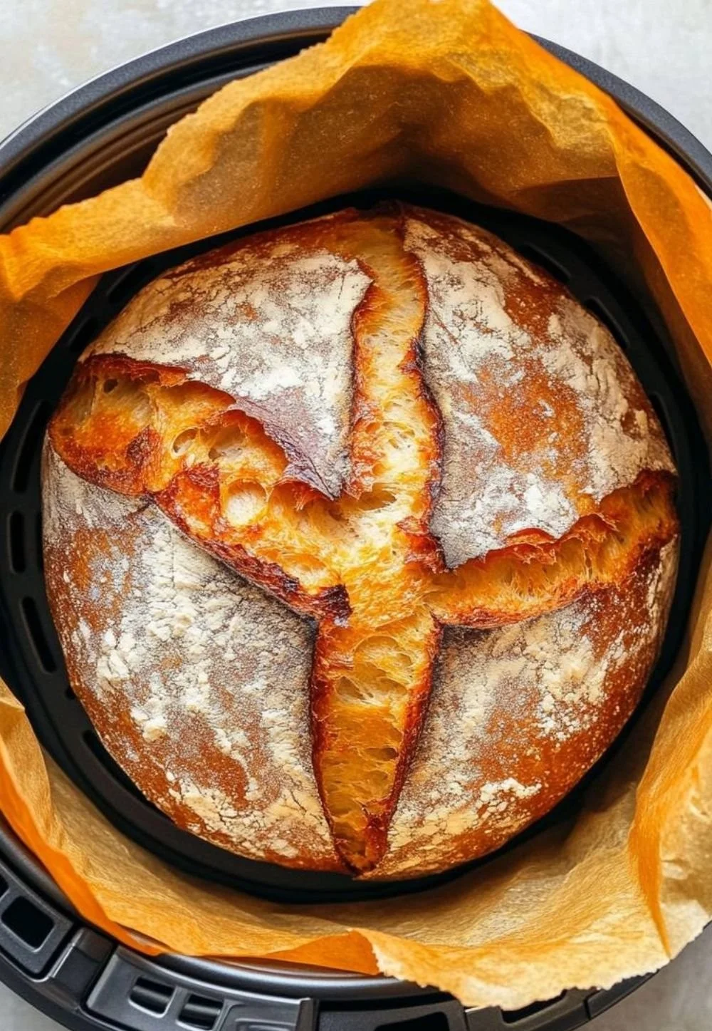 Freshly baked crusty homemade bread on a wooden table