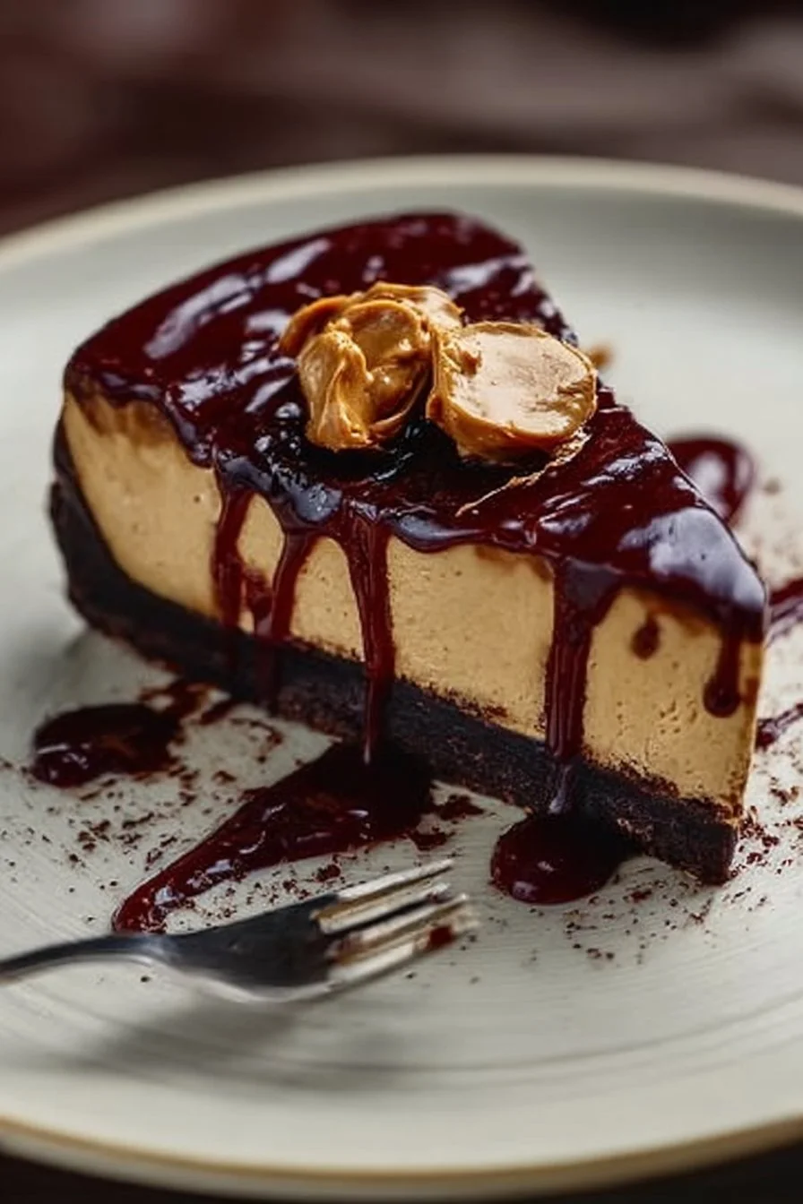 Decadent chocolate peanut butter cheesecake topped with candy and drizzled chocolate