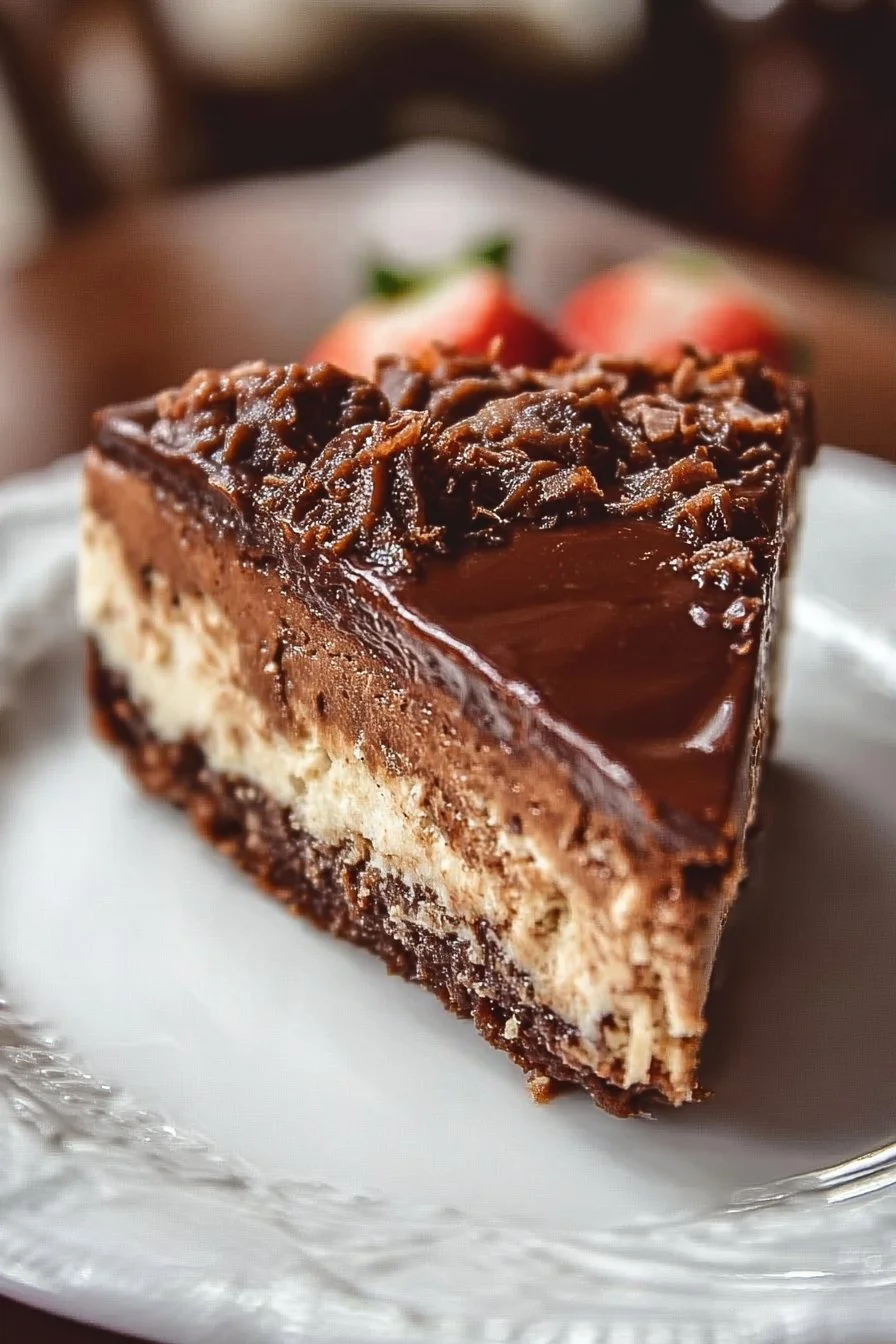 Slice of decadent German chocolate cheesecake with rich chocolate and coconut topping