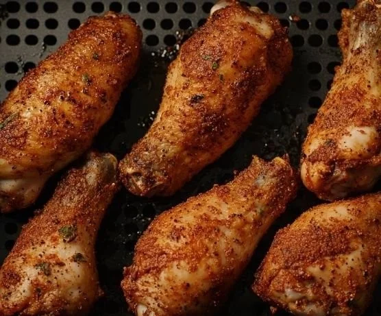 Juicy and crispy air fryer drumsticks served on a plate