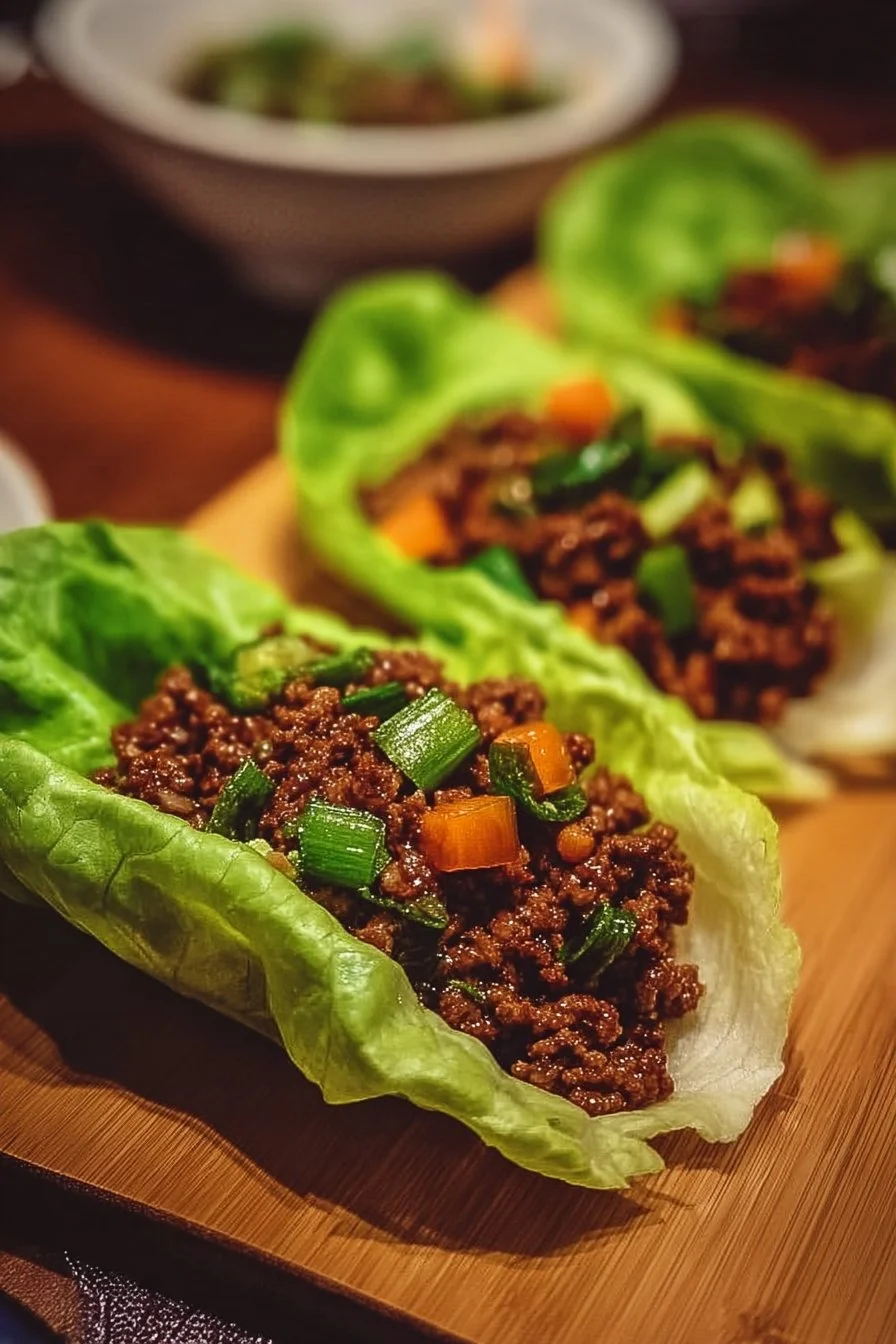 Asian-style ground beef lettuce wraps served with sauce and vegetables